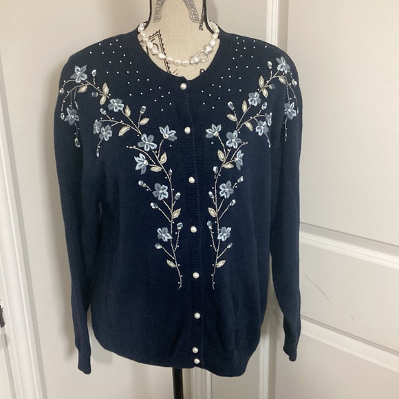 Koret Sweaters - Koret Women’s NavyBlue Pearl & Floral Embroidery Pearl Button Down LS Cardigan